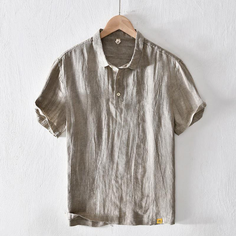 Simple Design Short Sleeve Lapel Linen Half Button Men's Shirt