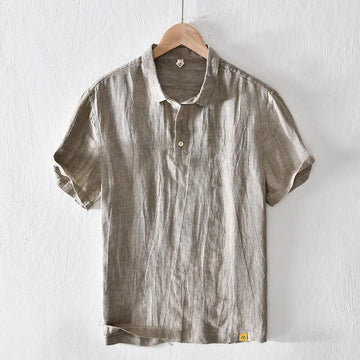 Simple Design Short Sleeve Lapel Linen Half Button Men's Shirt