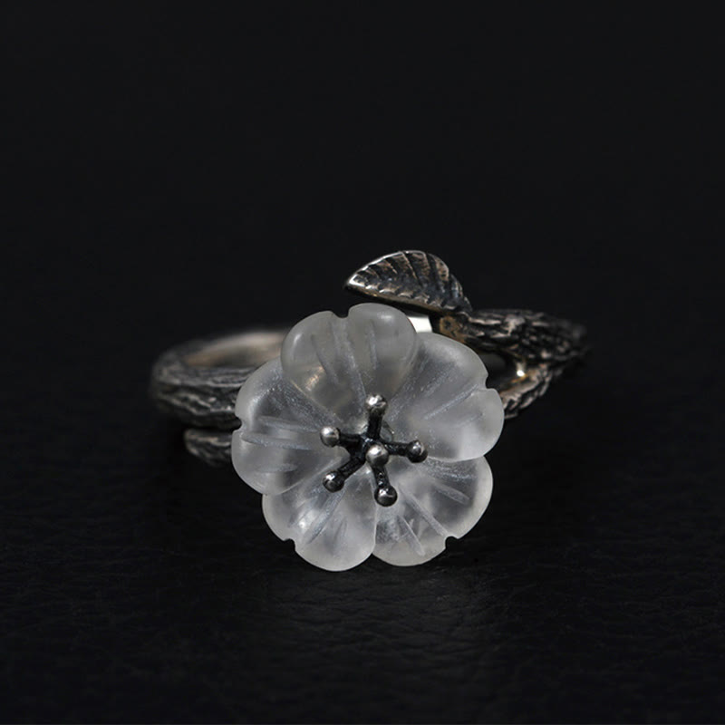 925 Sterling Silver White Crystal Skeleton Flower Adjustable Healing Ring