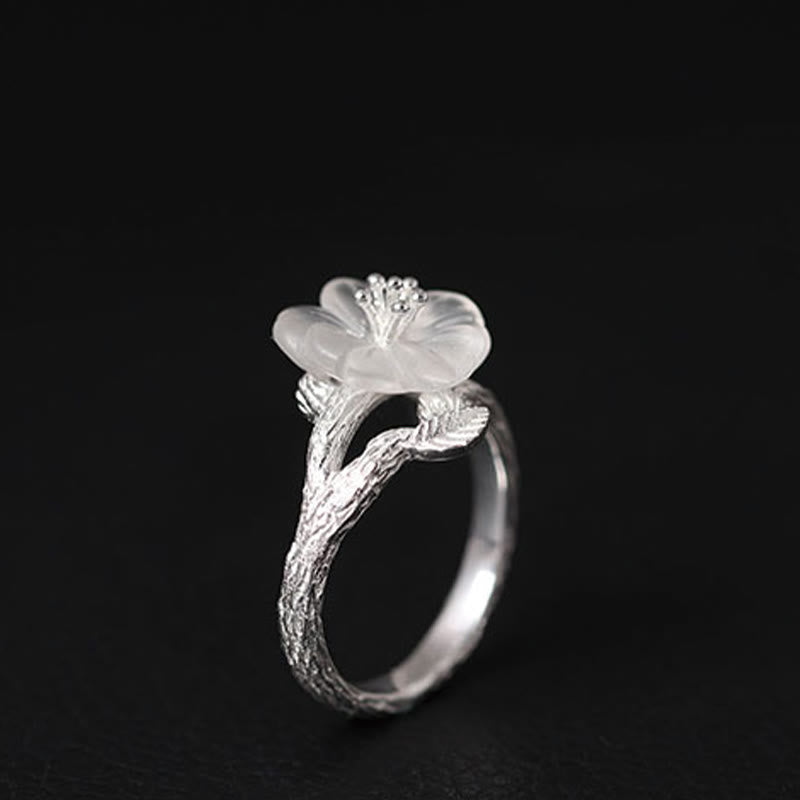 925 Sterling Silver White Crystal Skeleton Flower Adjustable Healing Ring