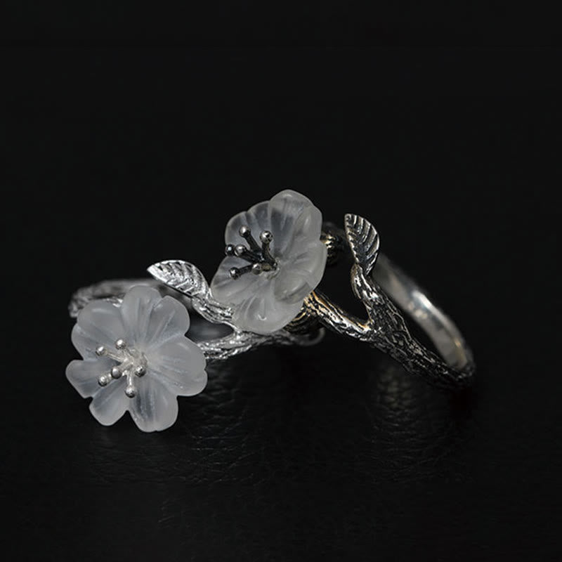 925 Sterling Silver White Crystal Skeleton Flower Adjustable Healing Ring