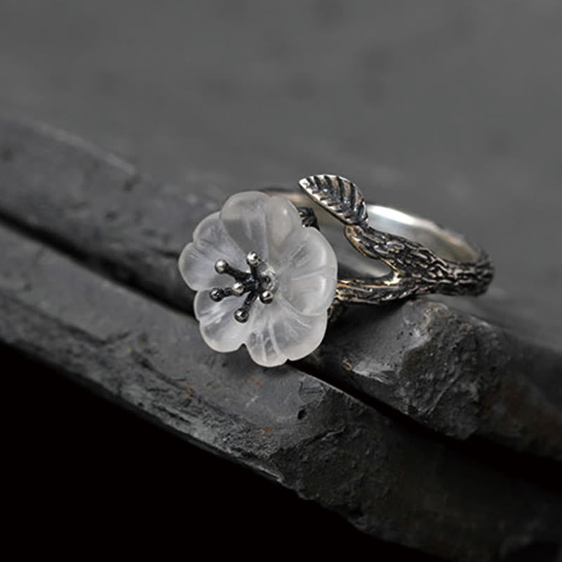 925 Sterling Silver White Crystal Skeleton Flower Adjustable Healing Ring