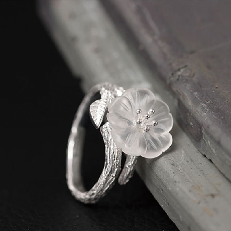 925 Sterling Silver White Crystal Skeleton Flower Adjustable Healing Ring