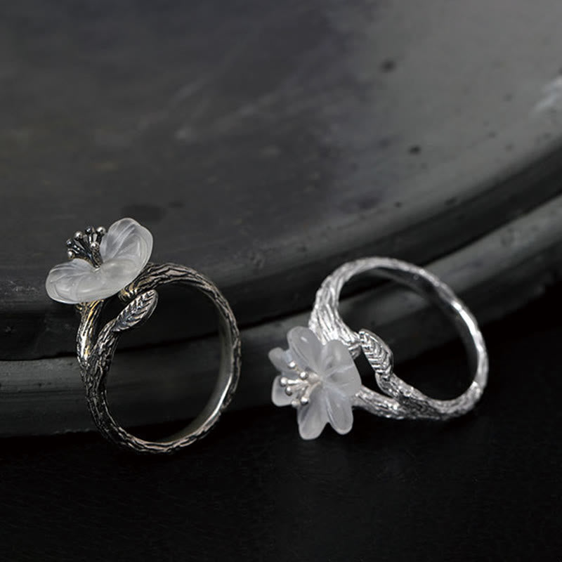 925 Sterling Silver White Crystal Skeleton Flower Adjustable Healing Ring