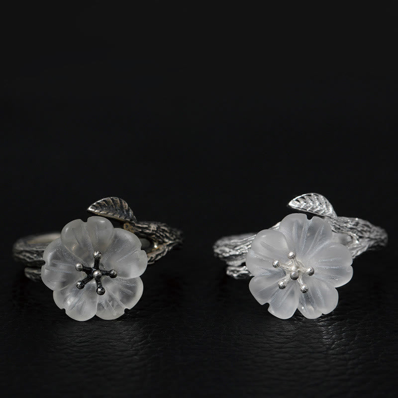 925 Sterling Silver White Crystal Skeleton Flower Adjustable Healing Ring