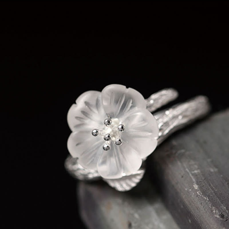 925 Sterling Silver White Crystal Skeleton Flower Adjustable Healing Ring