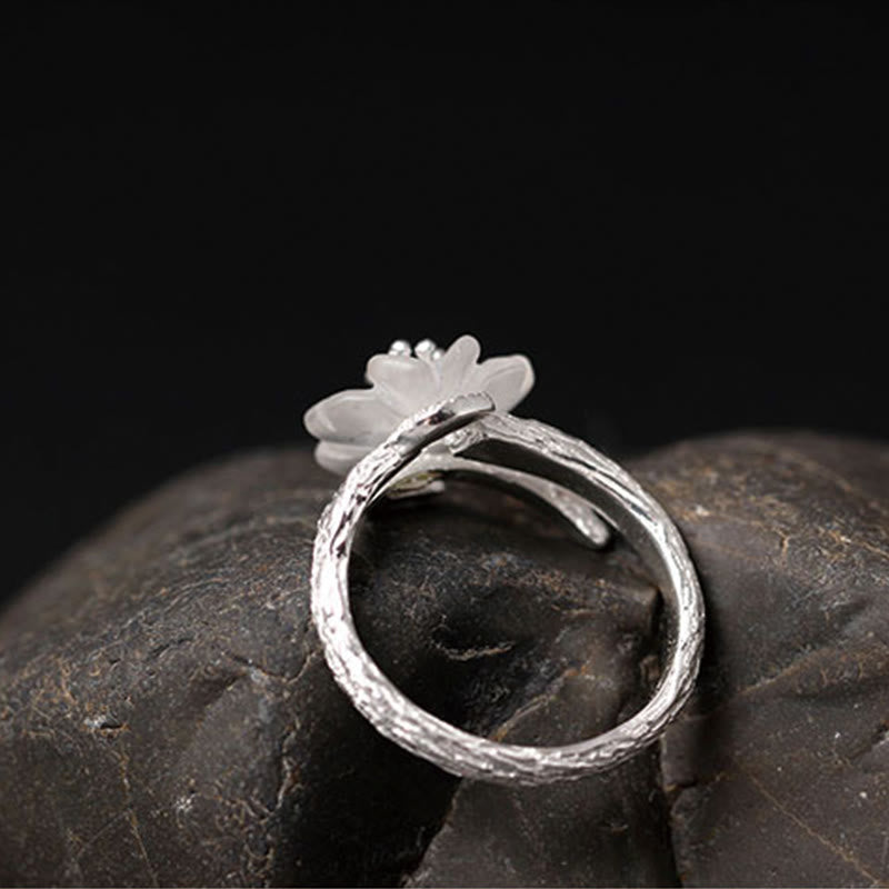 925 Sterling Silver White Crystal Skeleton Flower Adjustable Healing Ring