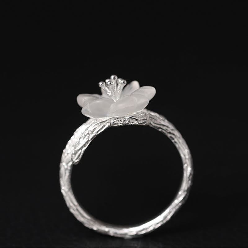925 Sterling Silver White Crystal Skeleton Flower Adjustable Healing Ring