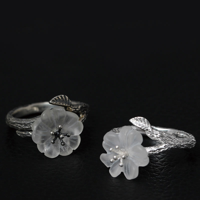 925 Sterling Silver White Crystal Skeleton Flower Adjustable Healing Ring