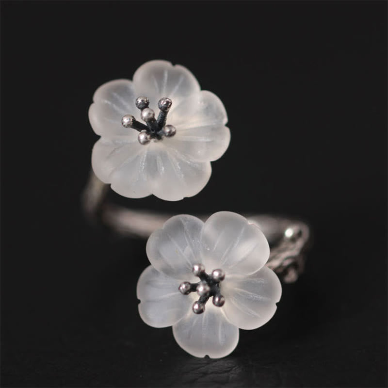 925 Sterling Silver White Crystal Double Plum Blossom Flower Adjustable Protection Ring