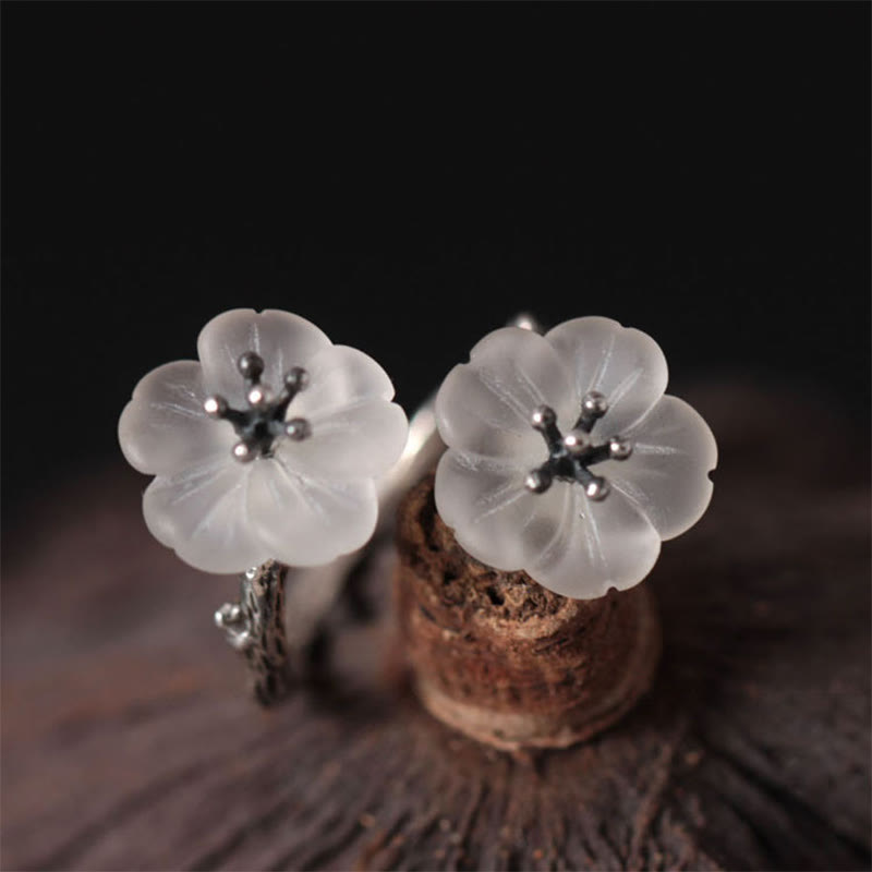925 Sterling Silver White Crystal Double Plum Blossom Flower Adjustable Protection Ring