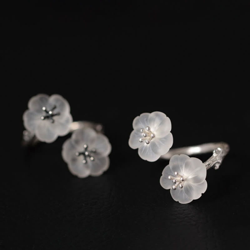 925 Sterling Silver White Crystal Double Plum Blossom Flower Adjustable Protection Ring