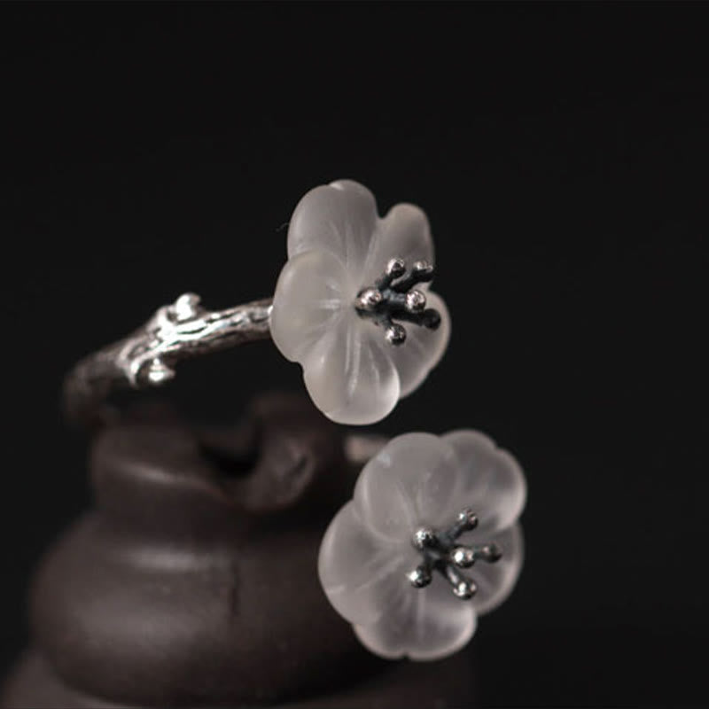 925 Sterling Silver White Crystal Double Plum Blossom Flower Adjustable Protection Ring