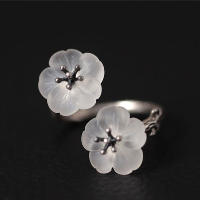 925 Sterling Silver White Crystal Double Plum Blossom Flower Adjustable Protection Ring