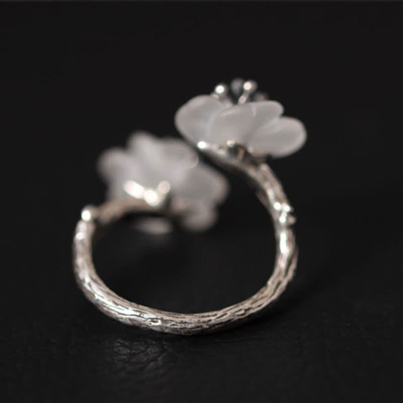 925 Sterling Silver White Crystal Double Plum Blossom Flower Adjustable Protection Ring