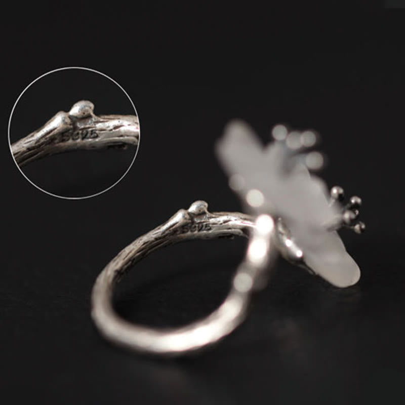 925 Sterling Silver White Crystal Double Plum Blossom Flower Adjustable Protection Ring