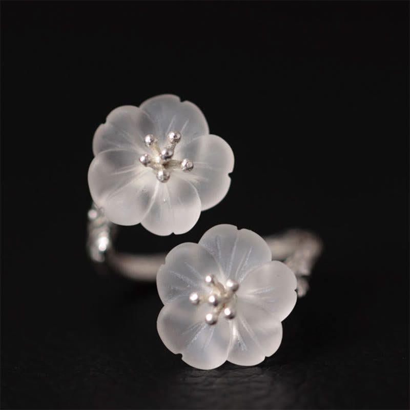 925 Sterling Silver White Crystal Double Plum Blossom Flower Adjustable Protection Ring