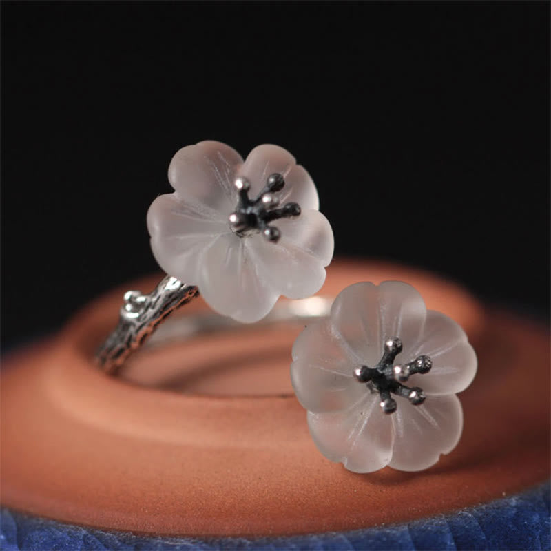 925 Sterling Silver White Crystal Double Plum Blossom Flower Adjustable Protection Ring