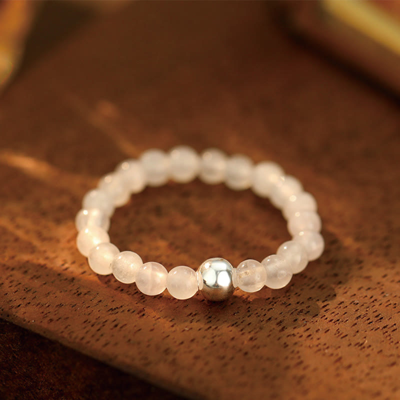 925 Sterling Silver Crystal Beads White Jade Black Onyx Blessing Elastic Ring