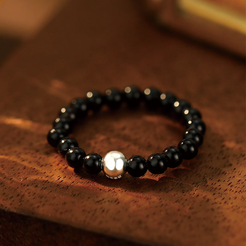 925 Sterling Silver Crystal Beads White Jade Black Onyx Blessing Elastic Ring