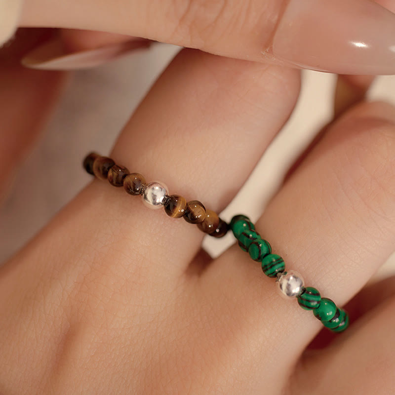 925 Sterling Silver Crystal Beads White Jade Black Onyx Blessing Elastic Ring