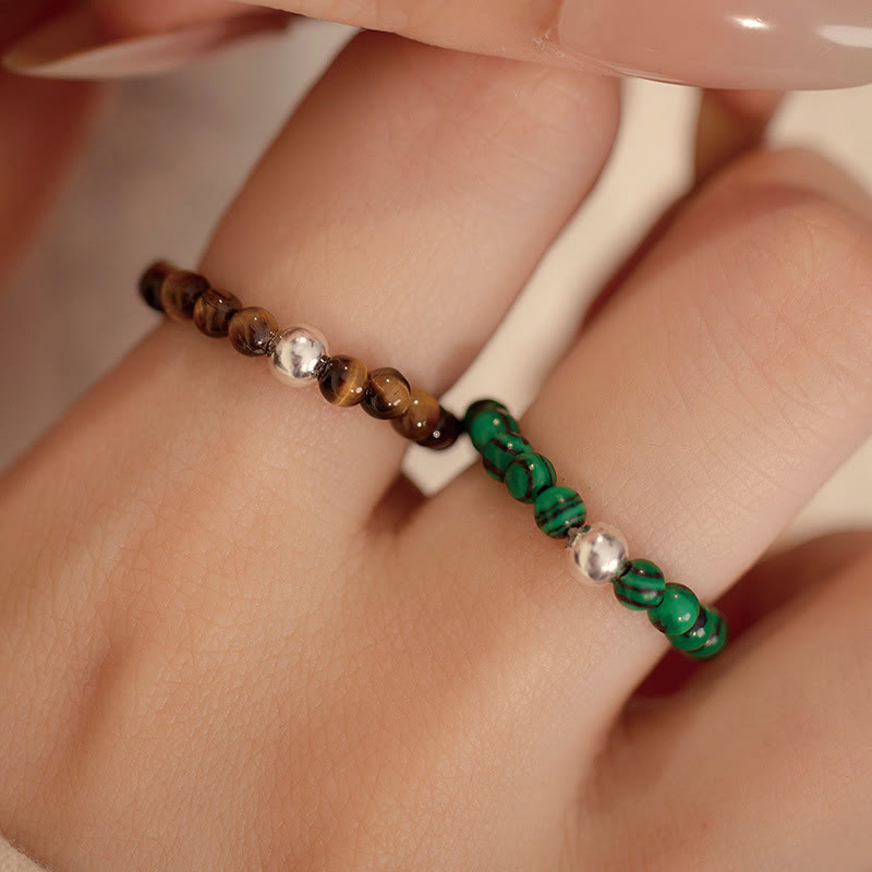 925 Sterling Silver Crystal Beads White Jade Black Onyx Blessing Elastic Ring