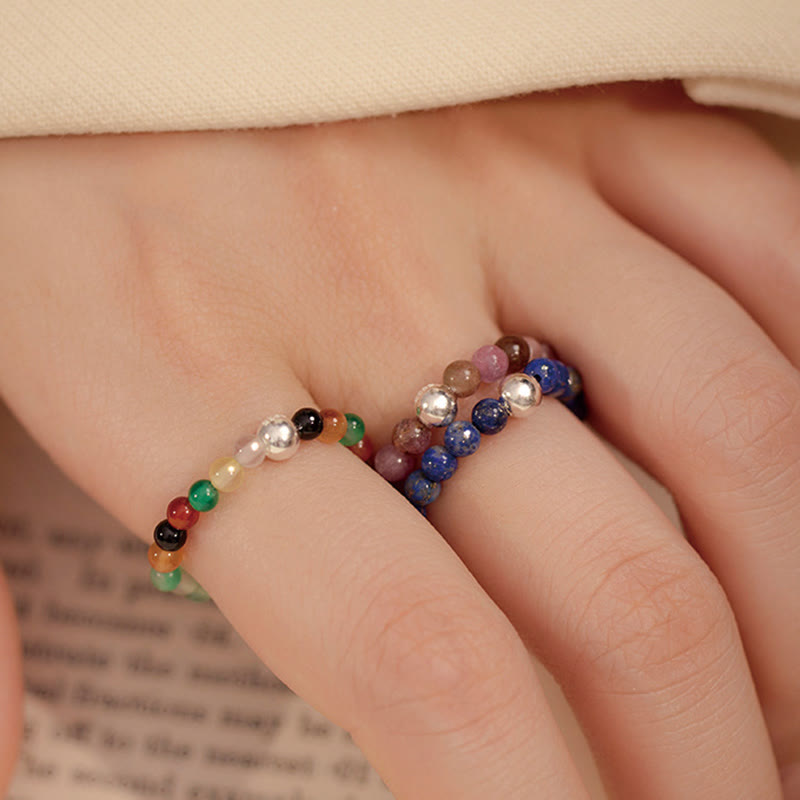 925 Sterling Silver Crystal Beads White Jade Black Onyx Blessing Elastic Ring