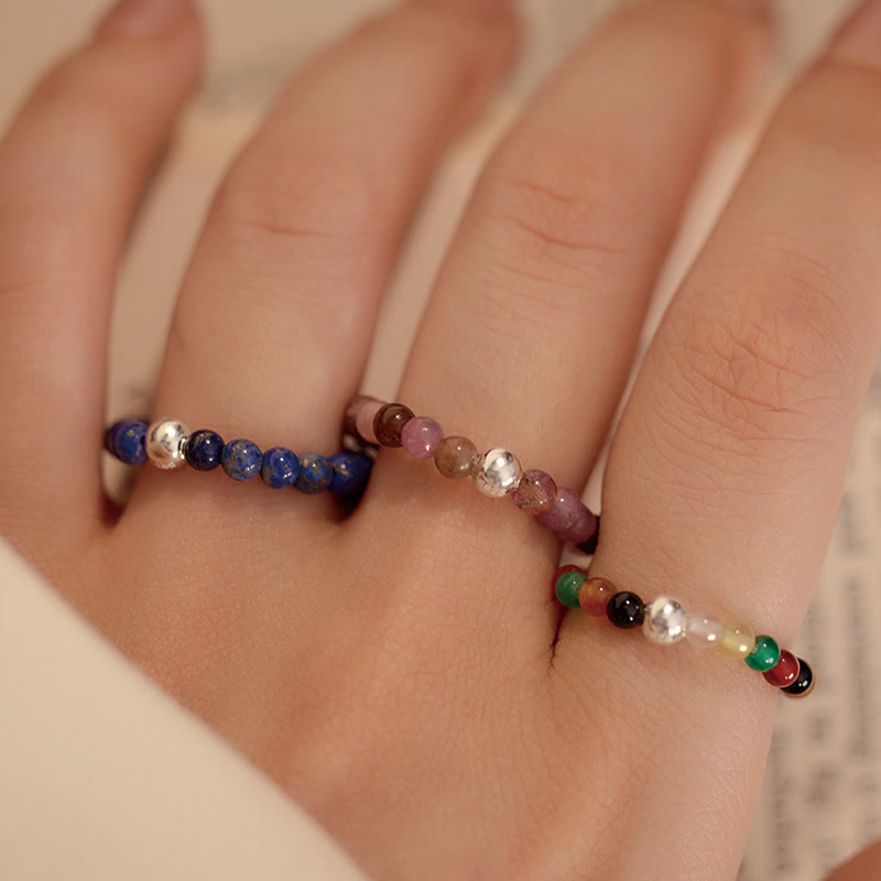 925 Sterling Silver Crystal Beads White Jade Black Onyx Blessing Elastic Ring