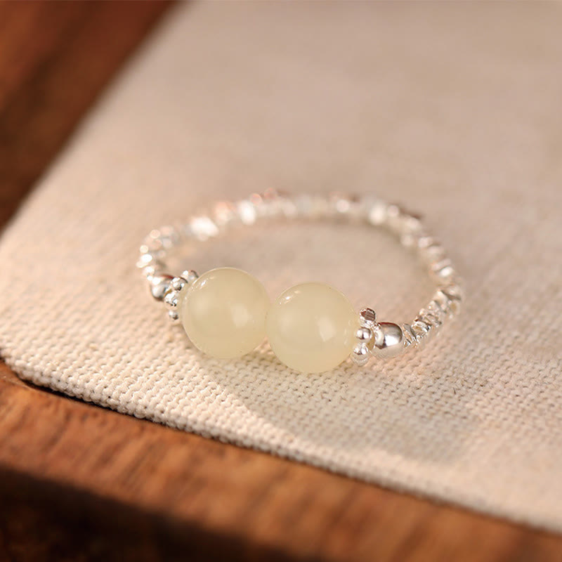 925 Sterling Silver Natural Small Hetian Jade Bead Luck Elastic Ring