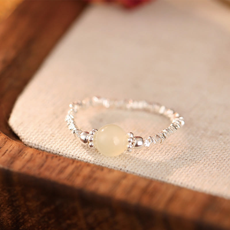 925 Sterling Silver Natural Small Hetian Jade Bead Luck Elastic Ring