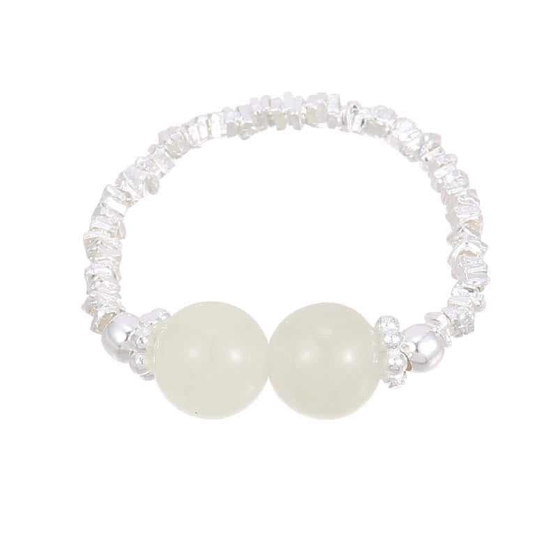 925 Sterling Silver Natural Small Hetian Jade Bead Luck Elastic Ring