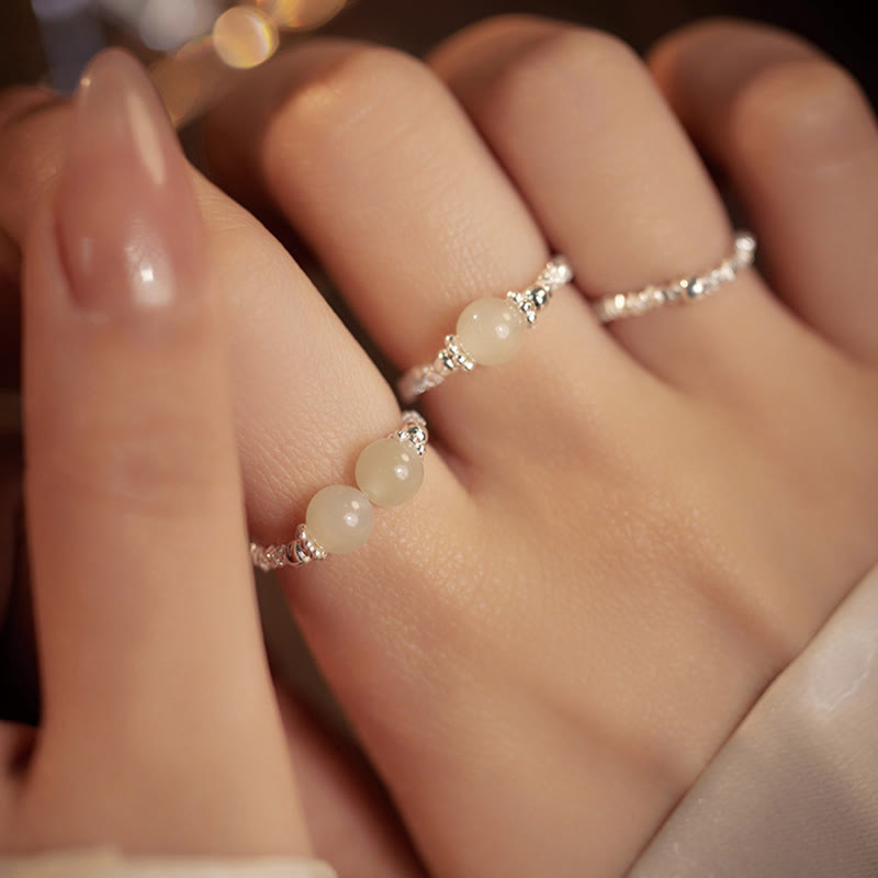 925 Sterling Silver Natural Small Hetian Jade Bead Luck Elastic Ring