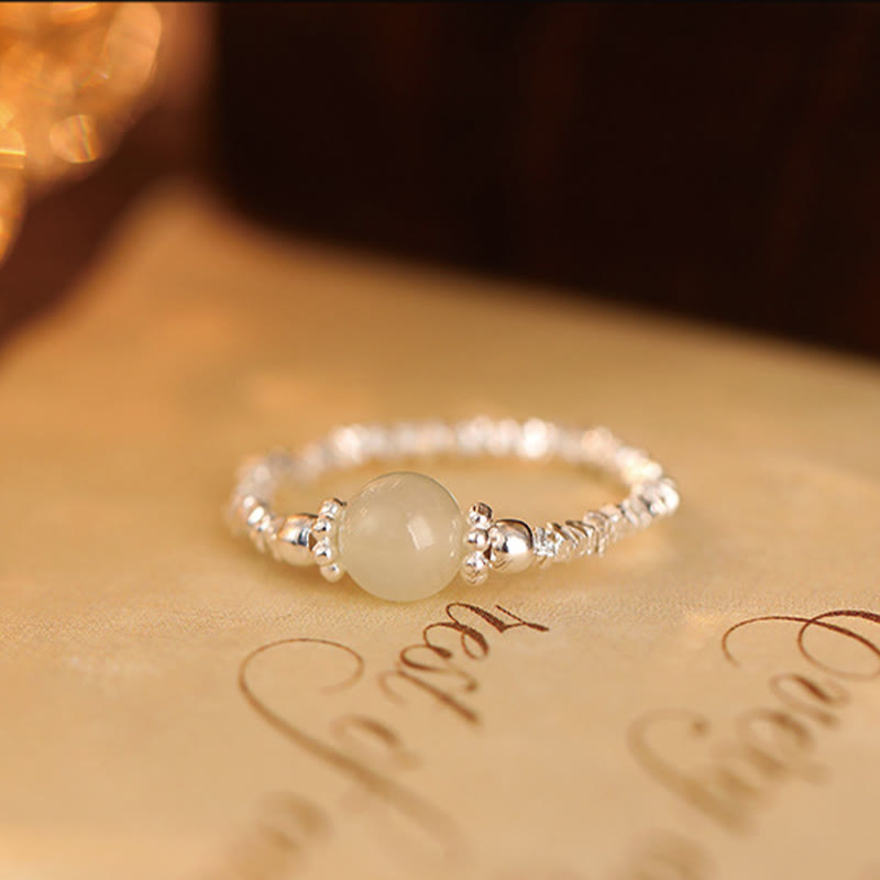 925 Sterling Silver Natural Small Hetian Jade Bead Luck Elastic Ring