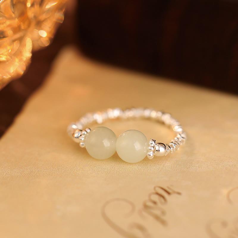 925 Sterling Silver Natural Small Hetian Jade Bead Luck Elastic Ring