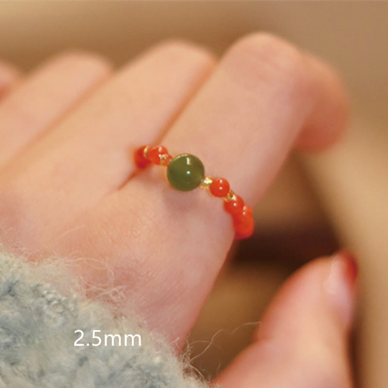 Natural Hetian Jade & Red Agate 925 Sterling Silver Bat Pearl Elastic Bead Ring