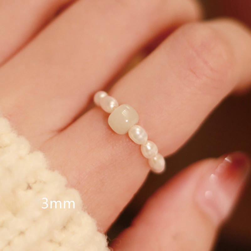 Natural Hetian Jade & Red Agate 925 Sterling Silver Bat Pearl Elastic Bead Ring