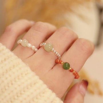 Natural Hetian Jade & Red Agate 925 Sterling Silver Bat Pearl Elastic Bead Ring