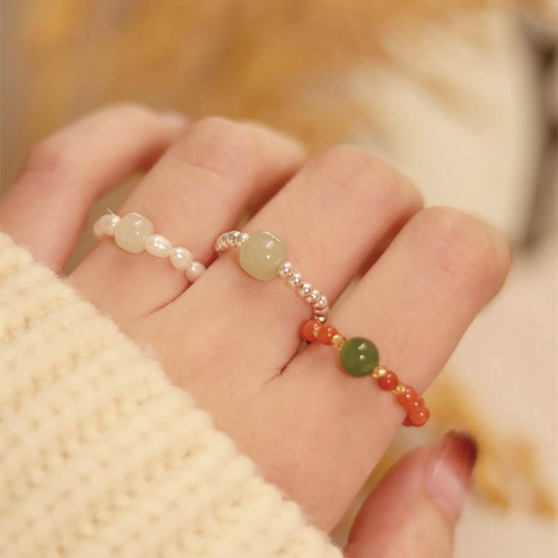 Natural Hetian Jade & Red Agate 925 Sterling Silver Bat Pearl Elastic Bead Ring
