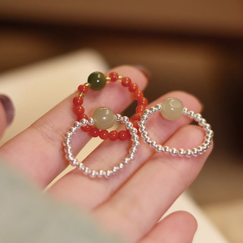 Natural Hetian Jade & Red Agate 925 Sterling Silver Bat Pearl Elastic Bead Ring