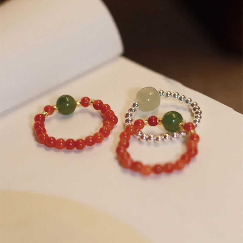 Natural Hetian Jade & Red Agate 925 Sterling Silver Bat Pearl Elastic Bead Ring