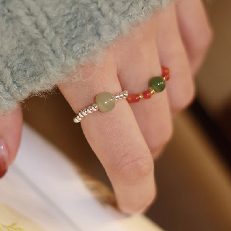 Natural Hetian Jade & Red Agate 925 Sterling Silver Bat Pearl Elastic Bead Ring