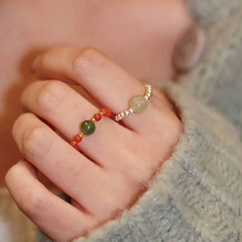 Natural Hetian Jade & Red Agate 925 Sterling Silver Bat Pearl Elastic Bead Ring