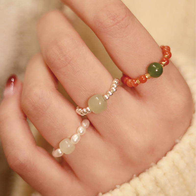 Natural Hetian Jade & Red Agate 925 Sterling Silver Bat Pearl Elastic Bead Ring