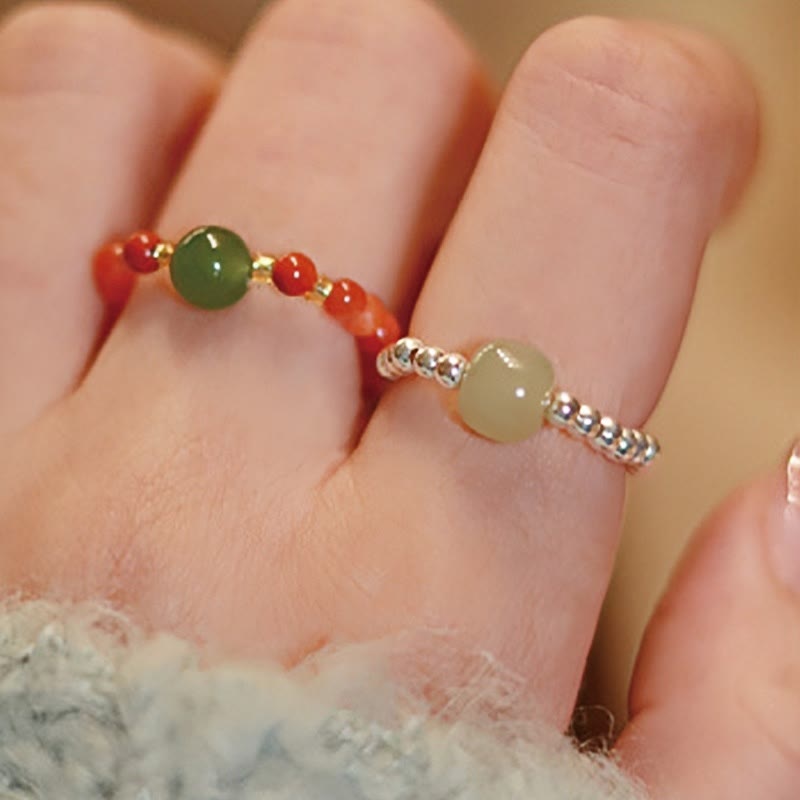 Natural Hetian Jade & Red Agate 925 Sterling Silver Bat Pearl Elastic Bead Ring