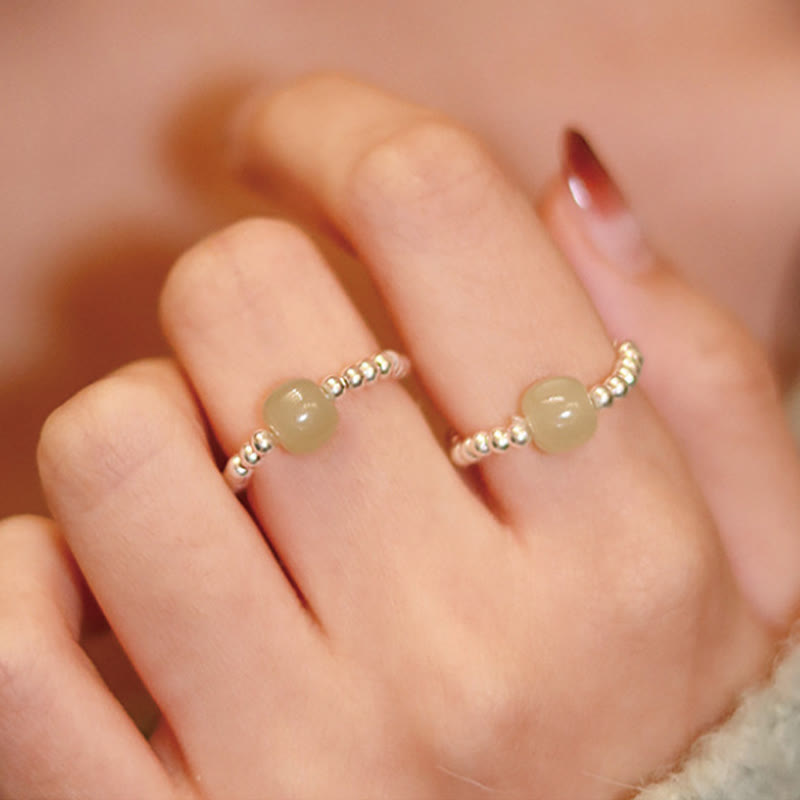 Natural Hetian Jade & Red Agate 925 Sterling Silver Bat Pearl Elastic Bead Ring
