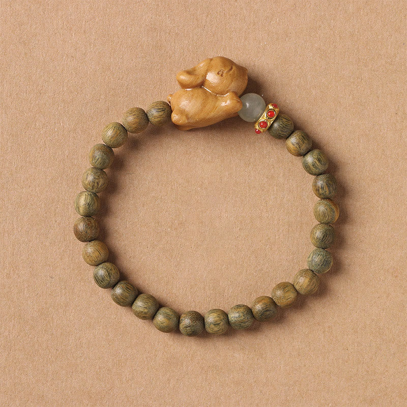 Handmade Sandalwood and Agate Beaded Bracelet with Rabbit Charm