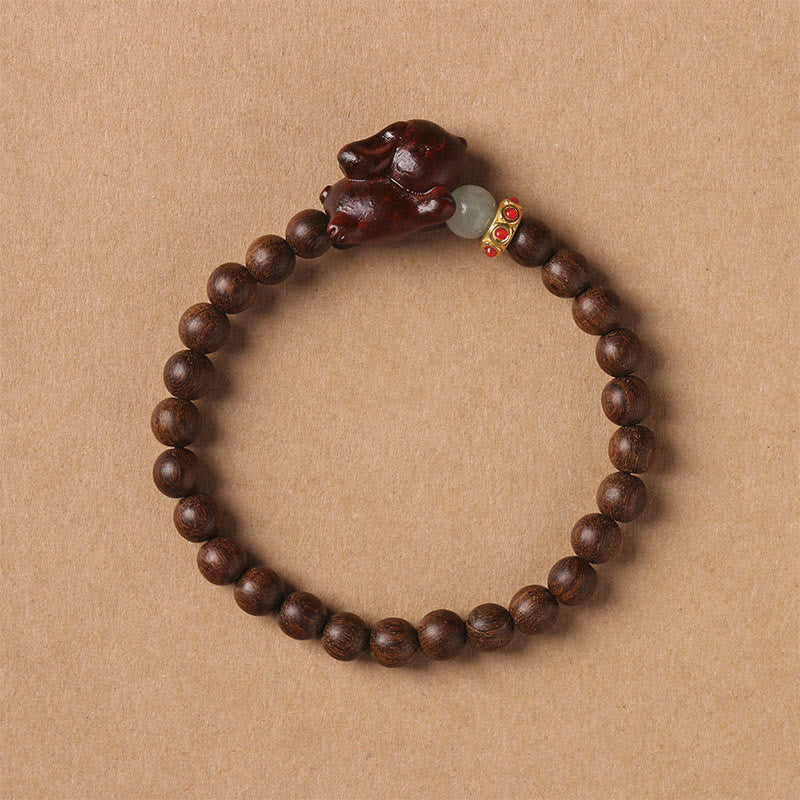 Handmade Sandalwood and Agate Beaded Bracelet with Rabbit Charm