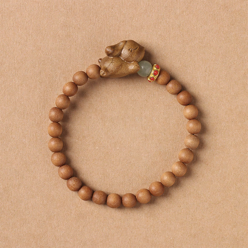 Handmade Sandalwood and Agate Beaded Bracelet with Rabbit Charm