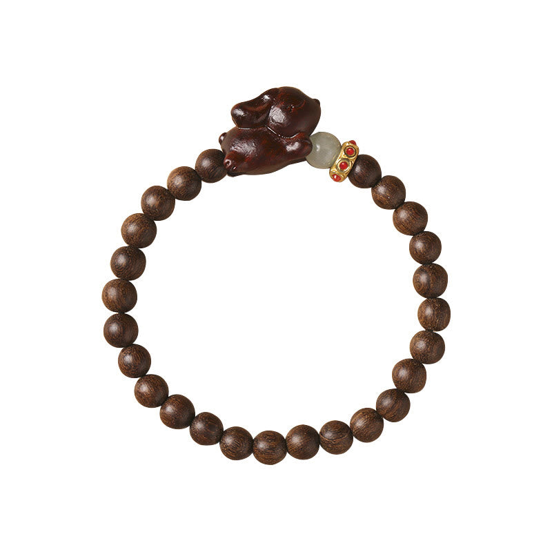 Handmade Sandalwood and Agate Beaded Bracelet with Rabbit Charm