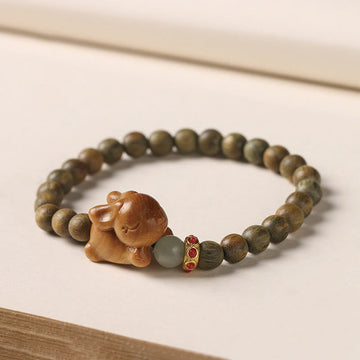 Handmade Sandalwood and Agate Beaded Bracelet with Rabbit Charm